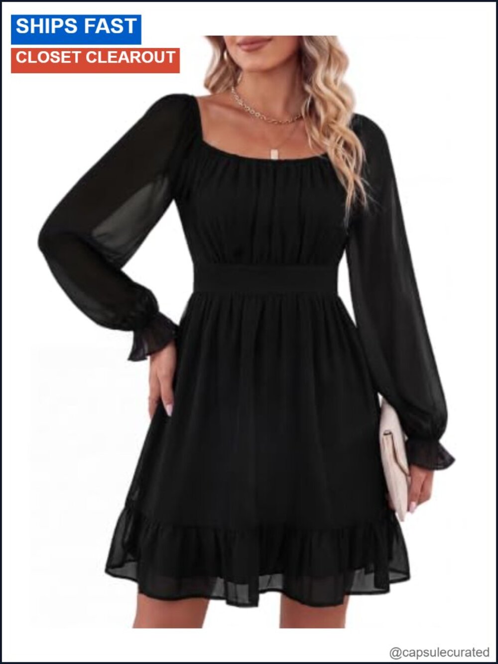 Women's Long Sleeve Mini Chiffon Dress with Pockets A-Line